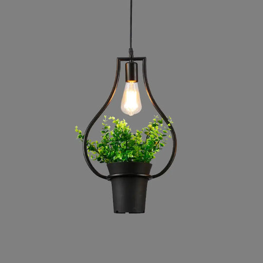 Vintage Geometric Hanging Lamp With Artificial Plant - Single-Bulb Iron Pendant In Black / D