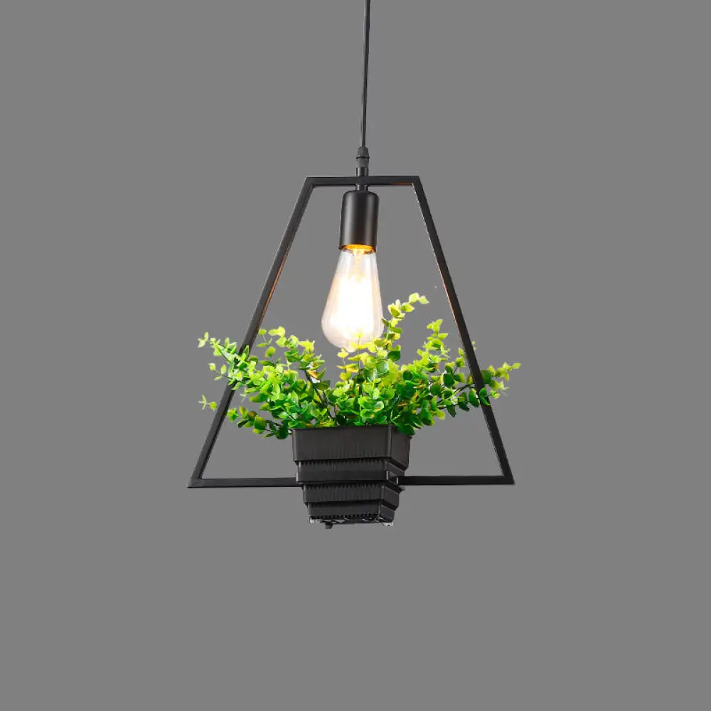 Vintage Geometric Hanging Lamp With Artificial Plant - Single-Bulb Iron Pendant In Black / E