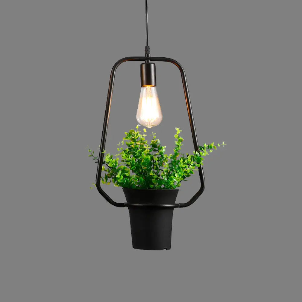 Vintage Geometric Hanging Lamp With Artificial Plant - Single-Bulb Iron Pendant In Black / F