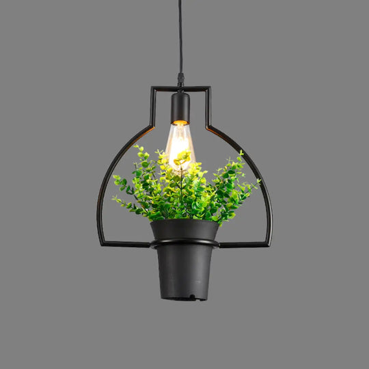 Vintage Geometric Hanging Lamp With Artificial Plant - Single-Bulb Iron Pendant In Black / G