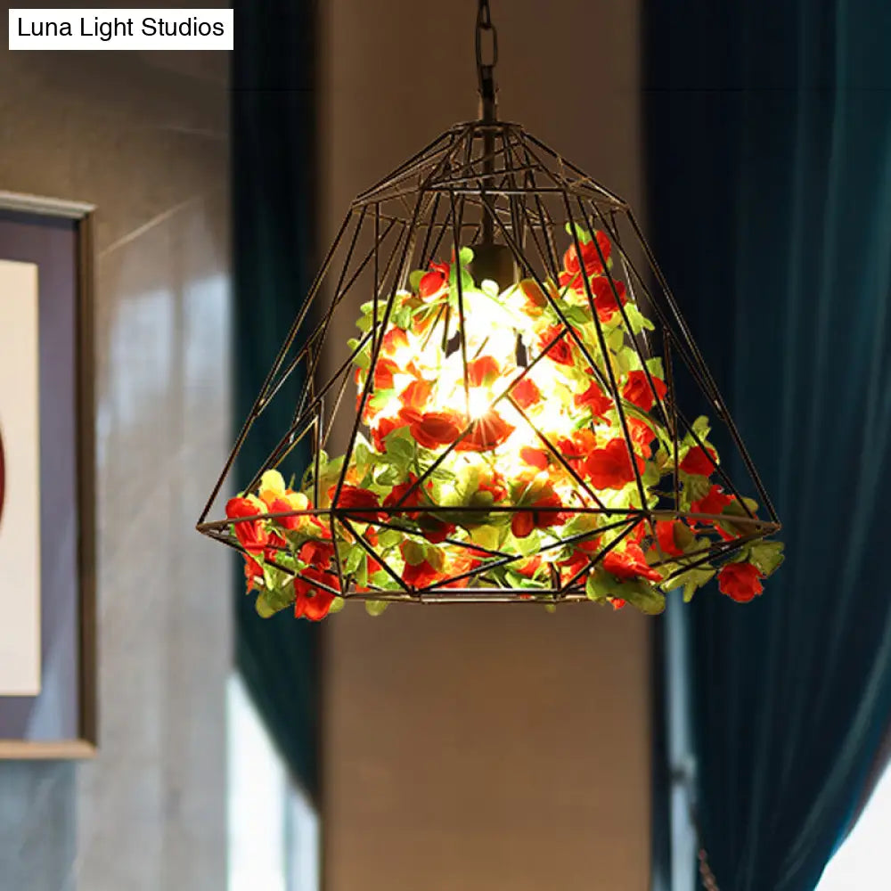 Antique Geometric Pendant Ceiling Light - Metal Led Flower Suspension Lamp In Black