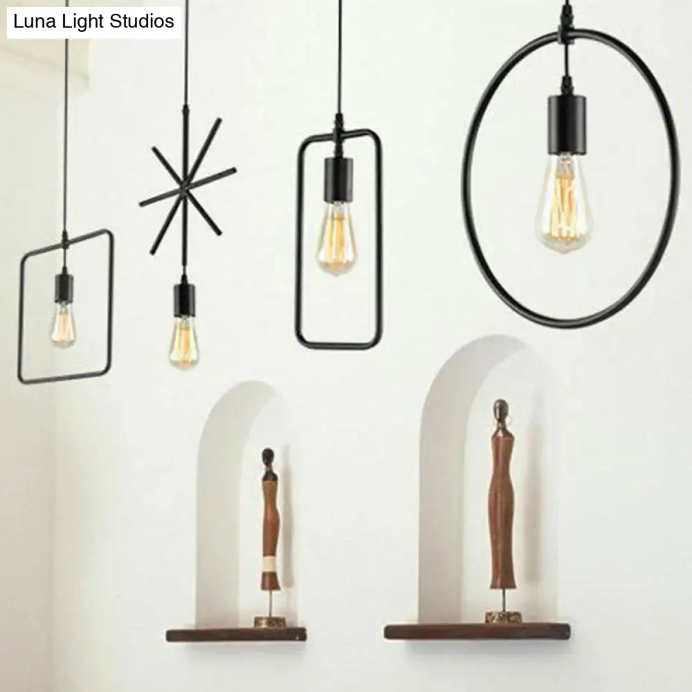 Vintage Geometric Pendant Light - Single Metal Suspension Lighting In Black For Living Room