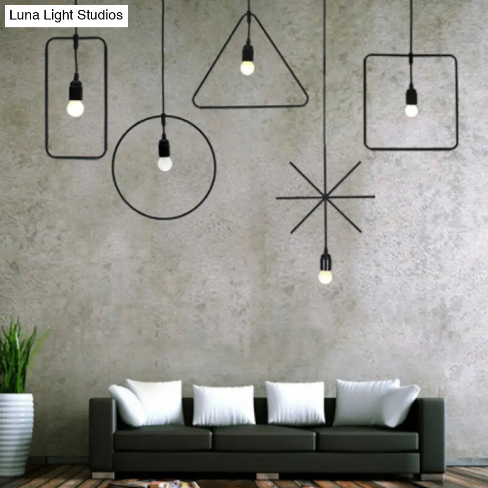 Vintage Geometric Pendant Light - Single Metal Suspension Lighting In Black For Living Room / D