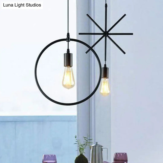 Vintage Geometric Pendant Light - Single Metal Suspension Lighting In Black For Living Room