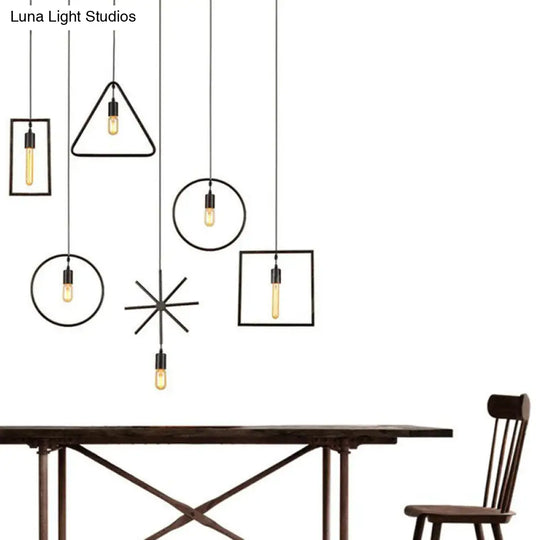 Vintage Geometric Pendant Light In Black - Metal Suspension Lighting For Living Room