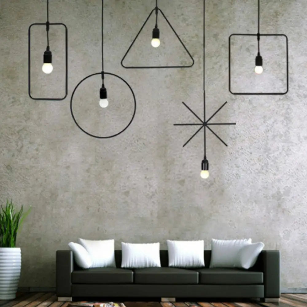 Vintage Geometric Pendant Light In Black - Metal Suspension Lighting For Living Room / D