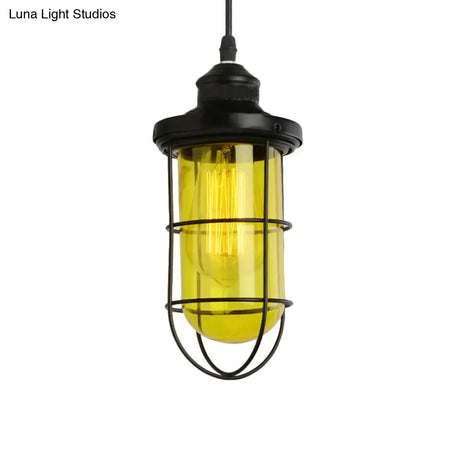 Vintage Glass Caged Pendant Light In Black - Single-Bulb Hanging Ceiling Fixture For Living Room