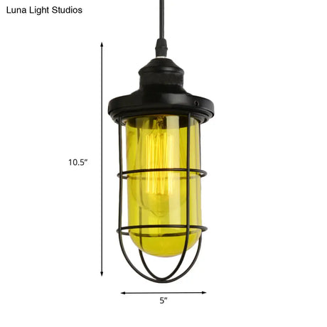 Vintage Glass Caged Pendant Light In Black - Single-Bulb Hanging Ceiling Fixture For Living Room