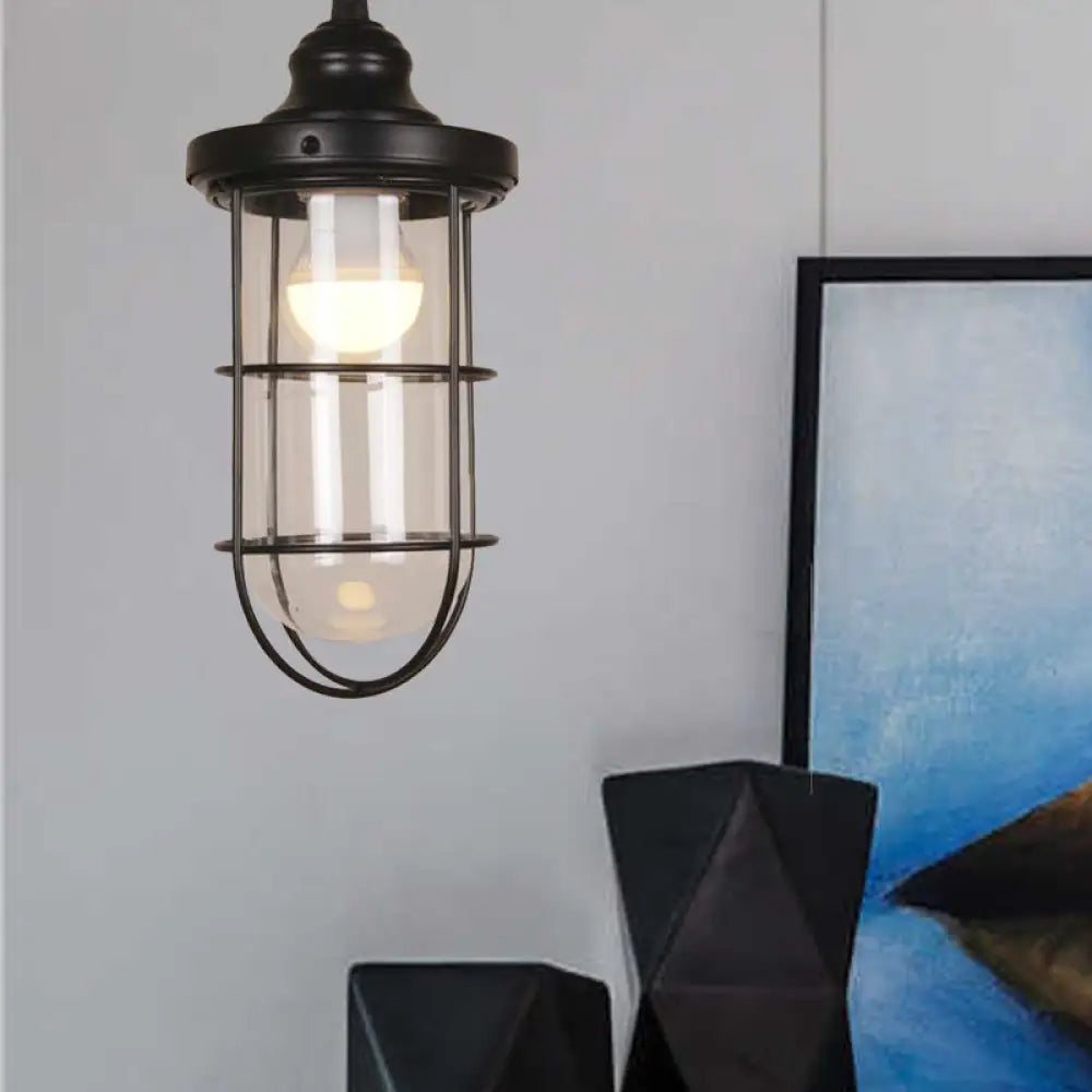 Vintage Glass Caged Pendant Light In Black - Single-Bulb Hanging Ceiling Fixture For Living Room
