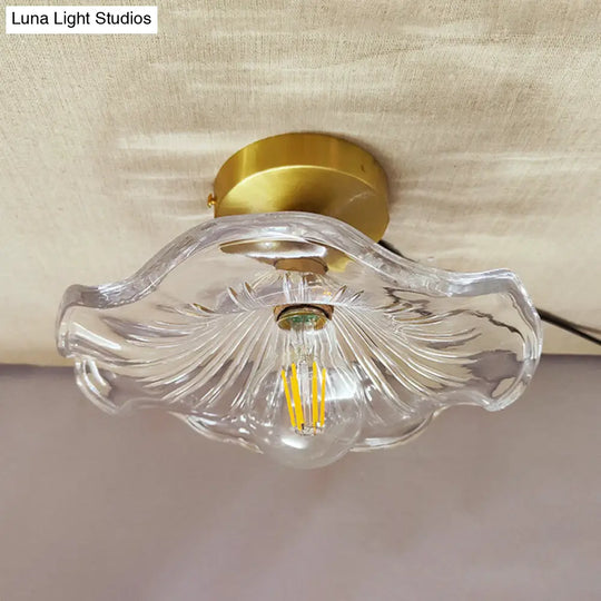 Vintage Glass Ceiling Light With Brass Lamp Holder - Corridor Lighting Fixture / Scalloped