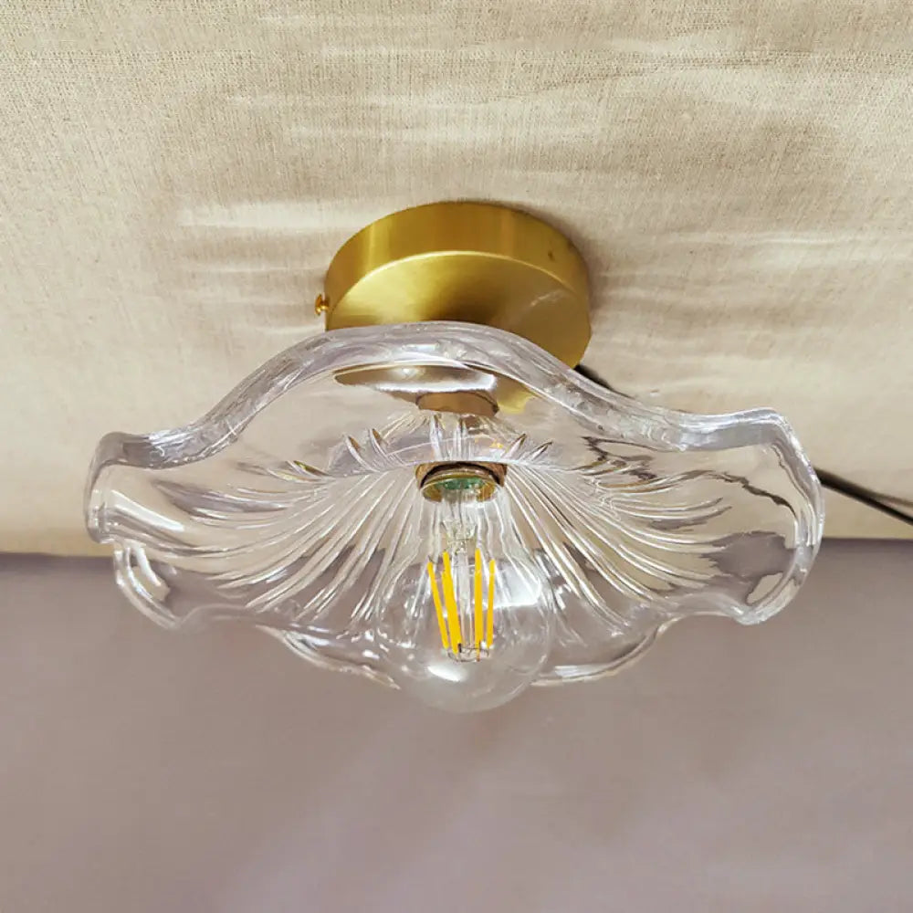 Vintage Glass Ceiling Light With Brass Lamp Holder - Corridor Lighting Fixture / Scalloped