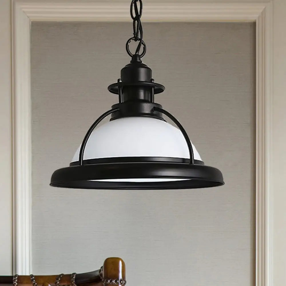 Vintage Glass Dome Pendant Ceiling Light - Black One With White/Green Finish For Dining Room White