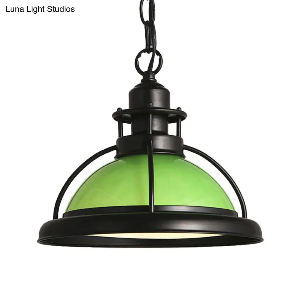 Vintage Glass Dome Pendant Ceiling Light - Black One With White/Green Finish For Dining Room