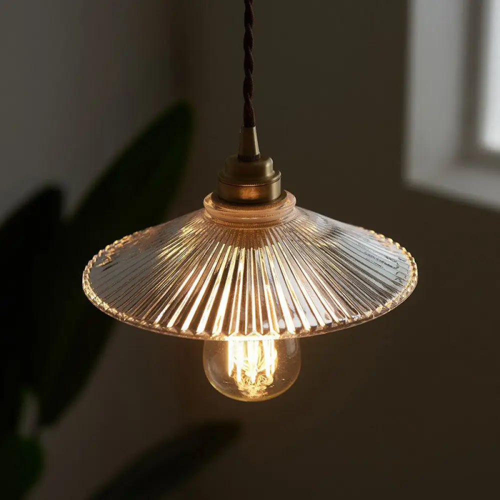 Vintage Glass Hanging Lamp: Cone-Shaped Clear Ribbed Pendant For Dining Room Lighting & Single-Bulb