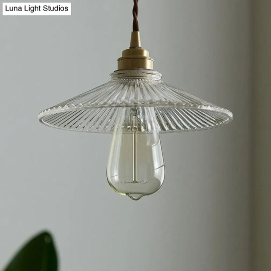 Vintage Glass Hanging Lamp: Cone-Shaped Clear Ribbed Pendant For Dining Room Lighting & Single-Bulb