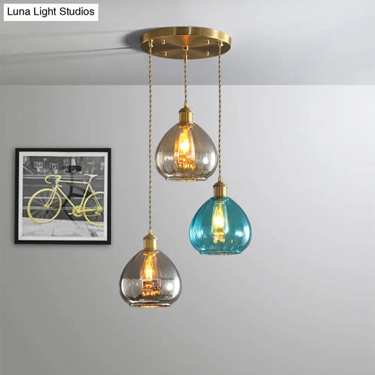 Vintage Glass Onion Multi Ceiling Light Pendant In Brass With Linear/Round Canopy - Tan-Blue-Grey