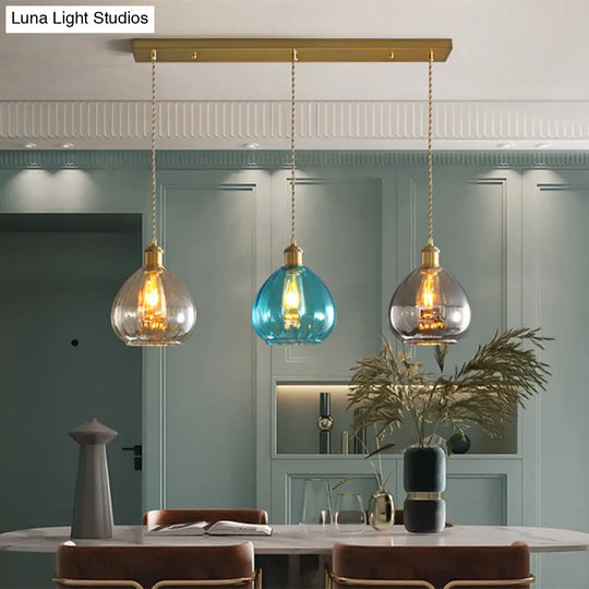 Vintage Glass Onion Multi Ceiling Light Pendant In Brass With Linear/Round Canopy - Tan-Blue-Grey