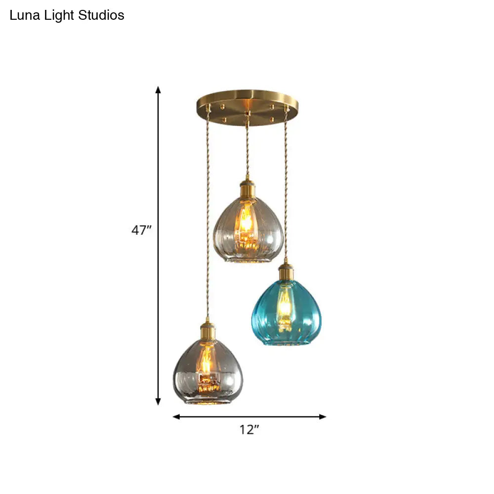 Vintage Glass Onion Multi Ceiling Light Pendant Lamp In Tan-Blue-Grey With Brass Fixture