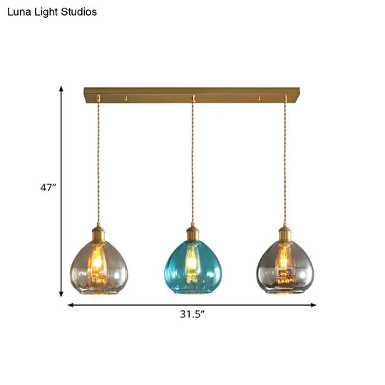 Vintage Glass Onion Multi Ceiling Light Pendant In Brass With Linear/Round Canopy - Tan-Blue-Grey