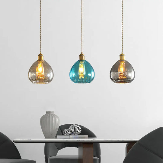 Vintage Glass Onion Multi Ceiling Light Pendant In Brass With Linear/Round Canopy - Tan-Blue-Grey