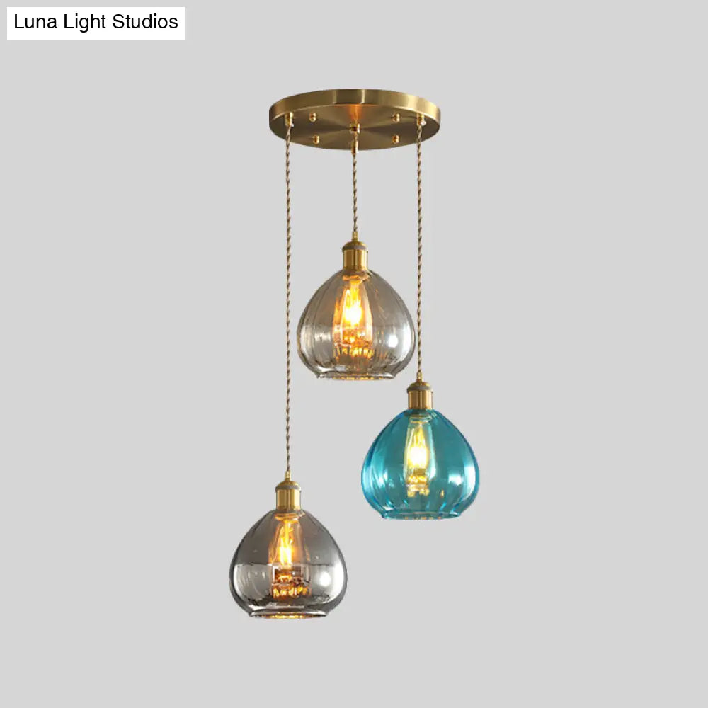 Vintage Glass Onion Multi Ceiling Light Pendant Lamp In Tan-Blue-Grey With Brass Fixture