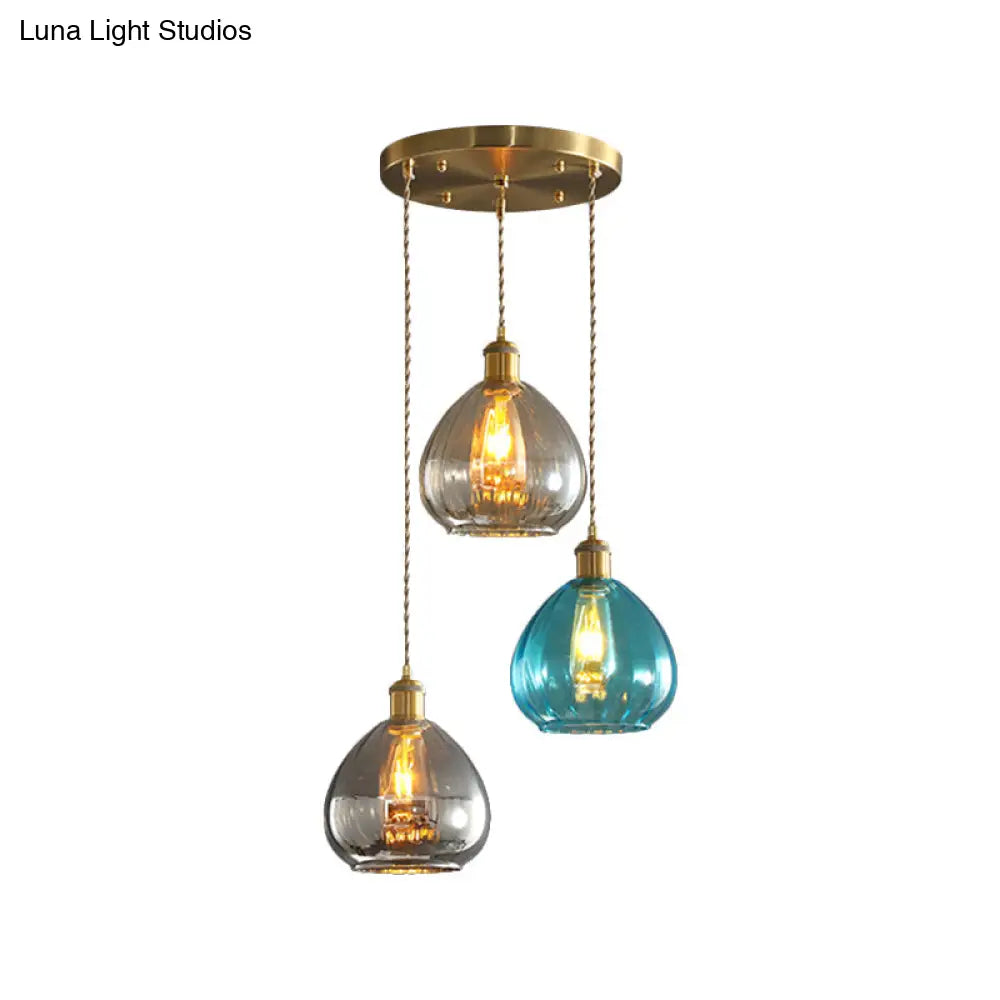 Vintage Glass Onion Multi Ceiling Light Pendant In Brass With Linear/Round Canopy - Tan-Blue-Grey