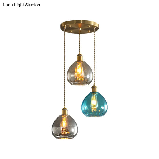 Vintage Glass Onion Multi Ceiling Light Pendant In Brass With Linear/Round Canopy - Tan-Blue-Grey