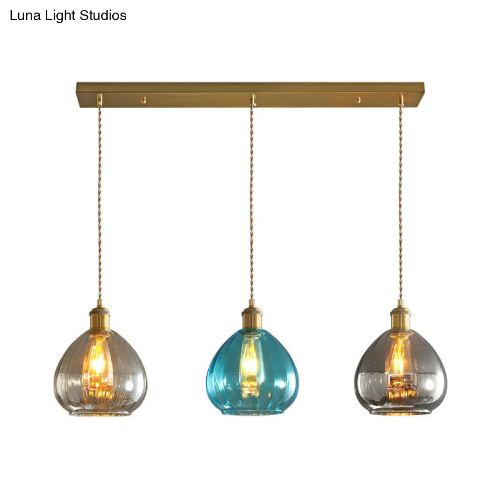 Vintage Glass Onion Multi Ceiling Light Pendant In Brass With Linear/Round Canopy - Tan-Blue-Grey