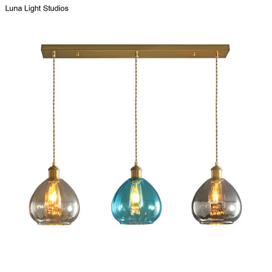 Vintage Glass Onion Multi Ceiling Light Pendant In Brass With Linear/Round Canopy - Tan-Blue-Grey