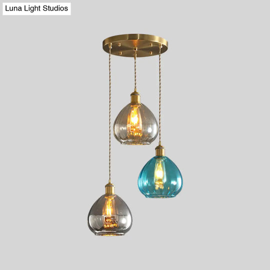 Vintage Glass Onion Multi Ceiling Light Pendant In Brass With Linear/Round Canopy - Tan-Blue-Grey