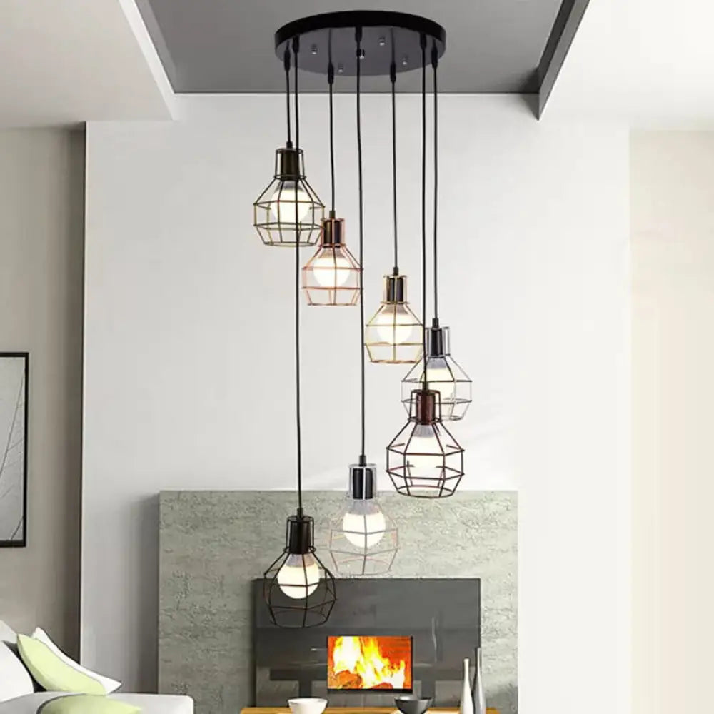Vintage Global Cage Shade Pendant Lighting With Metallic Finish - 3/7 Heads Hanging Lamp In Black 7