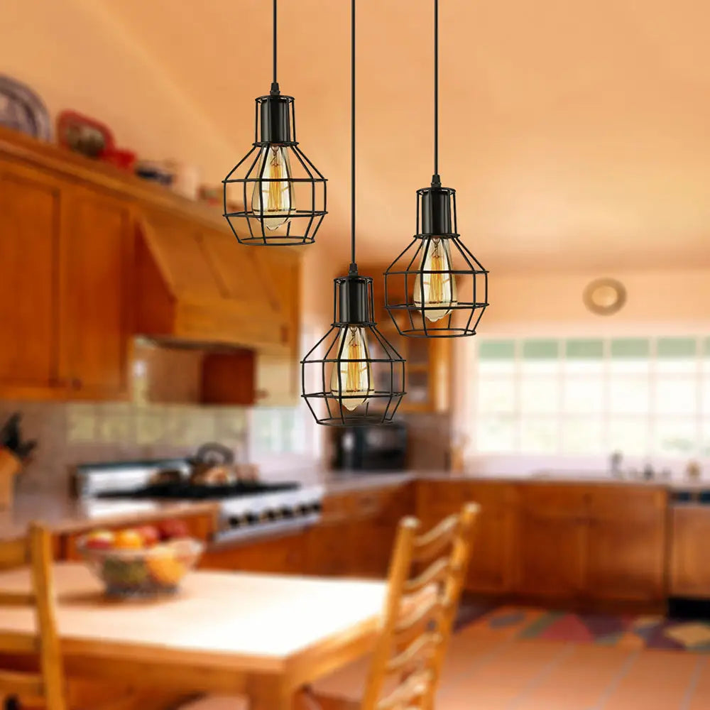 Vintage Global Cage Shade Pendant Lighting With Metallic Finish - 3/7 Heads Hanging Lamp In Black 3