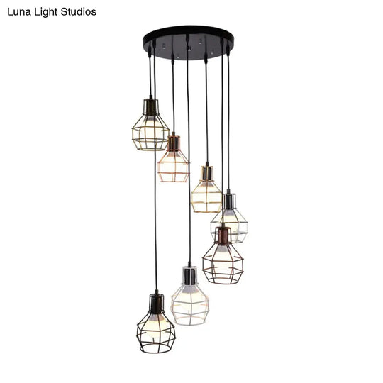 Vintage Global Cage Shade Pendant Lighting With Metallic Finish - 3/7 Heads Hanging Lamp In Black