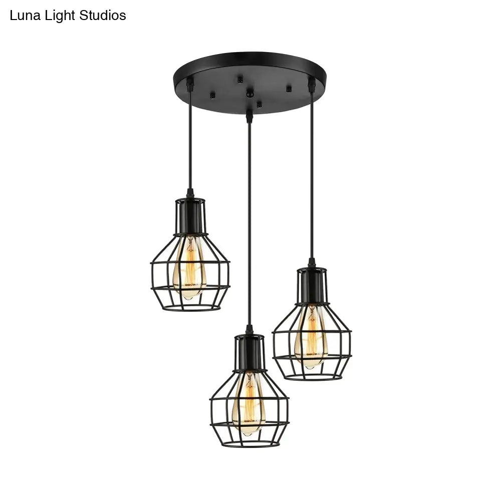 Vintage Global Cage Shade Pendant Lighting With Metallic Finish - 3/7 Heads Hanging Lamp In Black