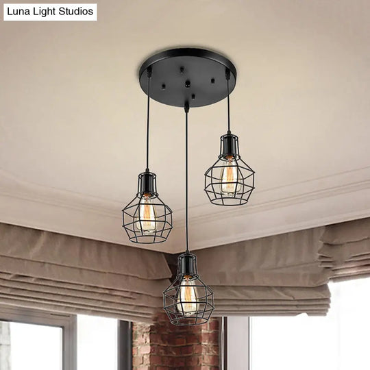 Vintage Global Cage Shade Pendant Lighting With Metallic Finish - 3/7 Heads Hanging Lamp In Black