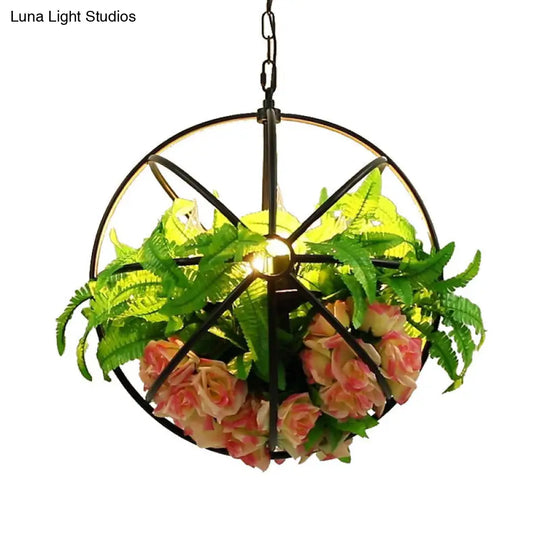 Antique Global Hanging Chandelier With Metal Led Rose Pendant In Black - 4 Bulb Light Fixture