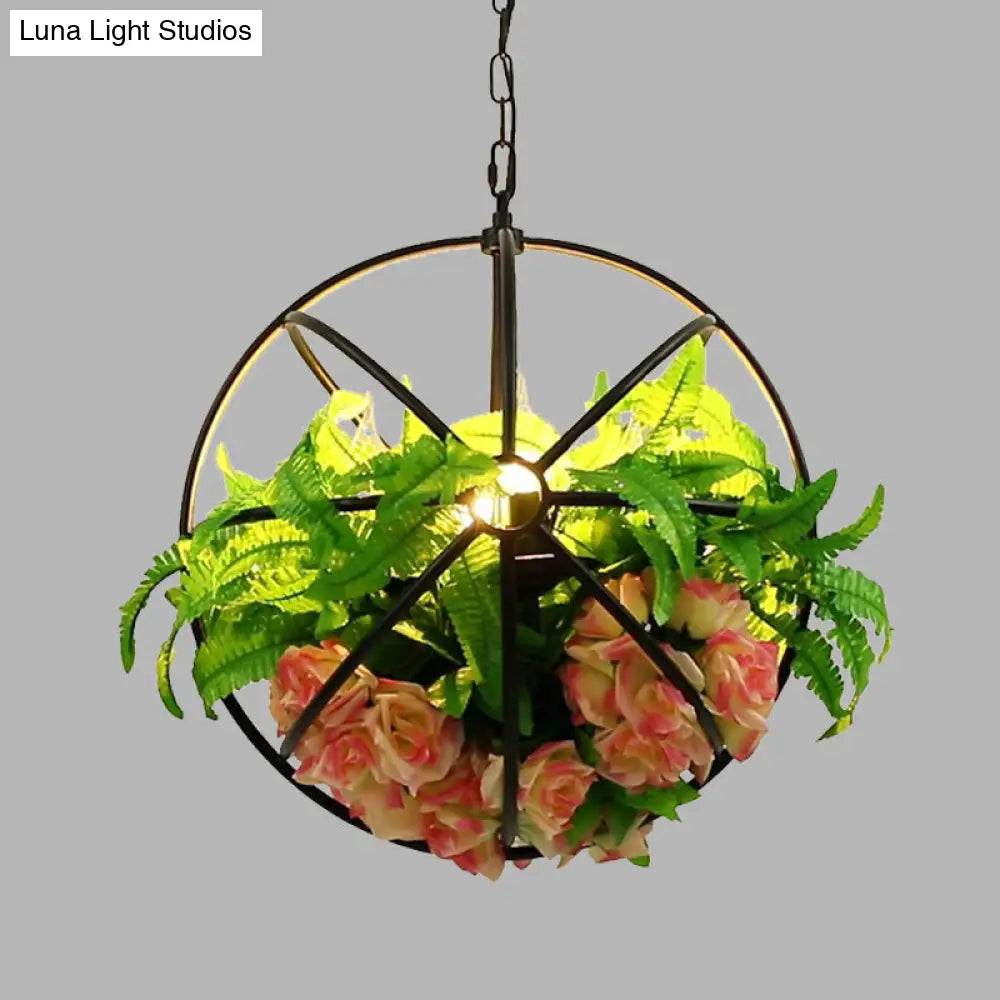 Antique Global Hanging Chandelier With Metal Led Rose Pendant In Black - 4 Bulb Light Fixture