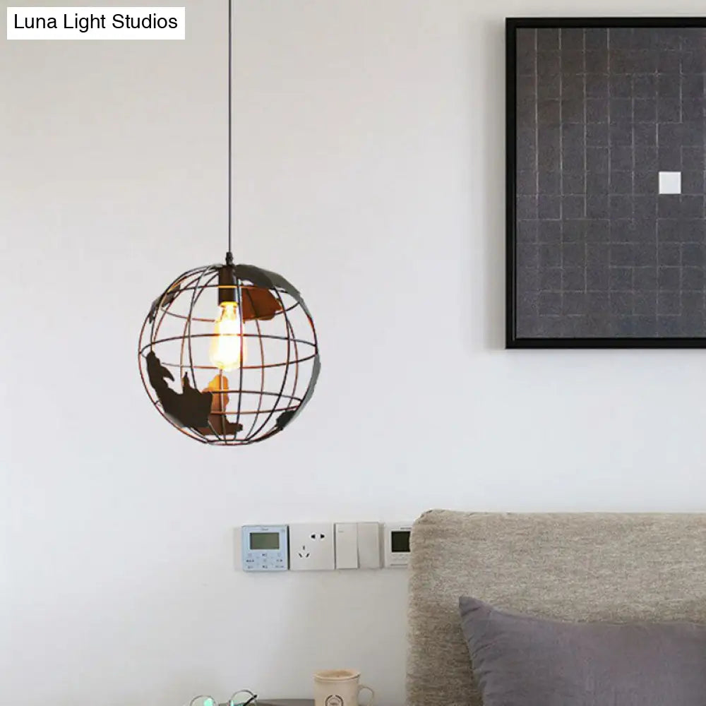 Vintage Terrestrial Globe Iron Pendant Lamp - Single-Bulb Hanging Light For Corridor