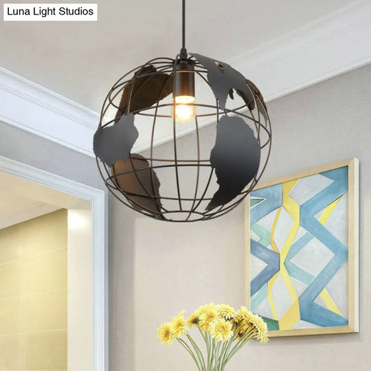 Vintage Terrestrial Globe Iron Pendant Lamp - Single-Bulb Hanging Light For Corridor Black