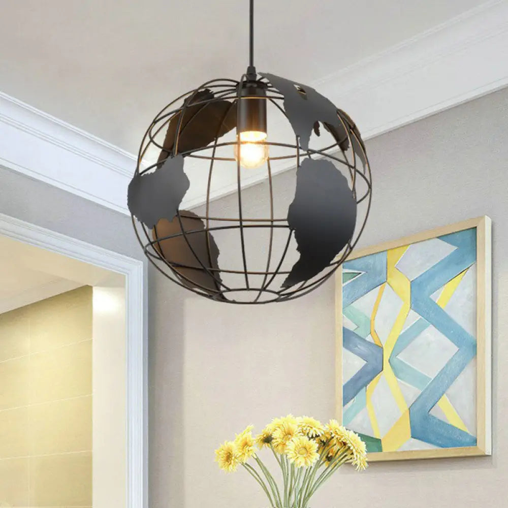 Vintage Globe Iron Pendant Lamp For Hallway With Single Bulb Black