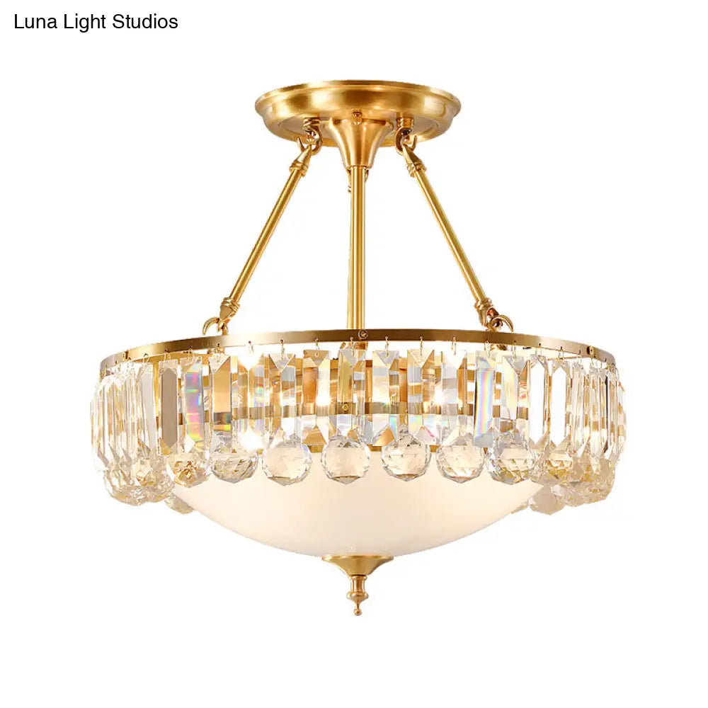 Vintage Gold Bowl - Shaped Flushmount Ceiling Lamp - K9 Crystal And Opal Glass Diffuser