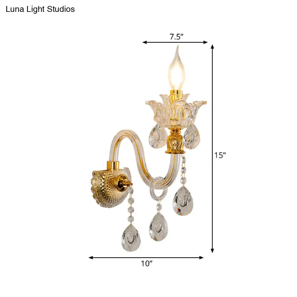 Vintage Gold Clear Glass Wall Lamp - Candle Style Sconce With Undulated Arm