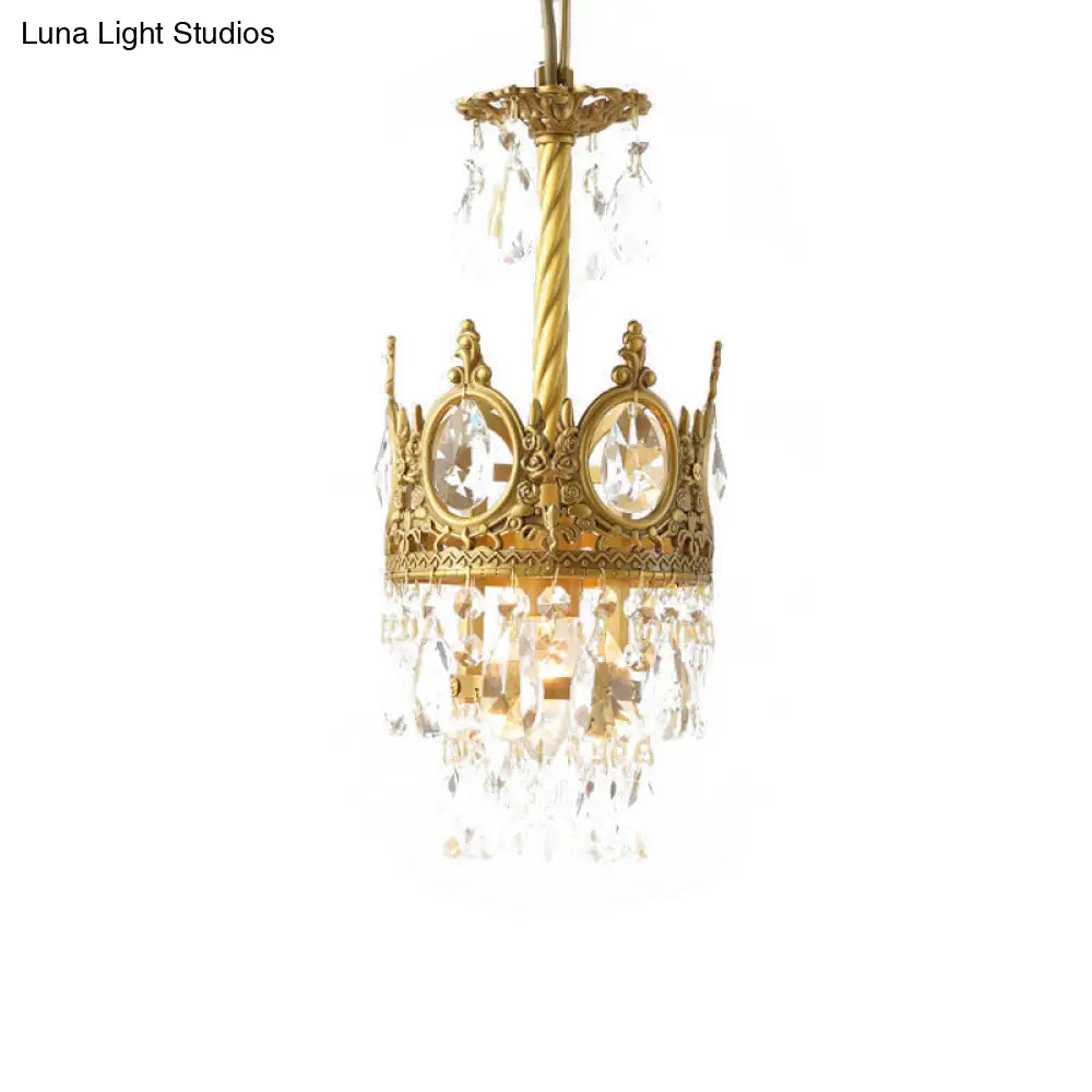 Vintage Gold Crown Crystal Droplet Pendant Light With Faceted Bulb - Living Room Ceiling Hanging