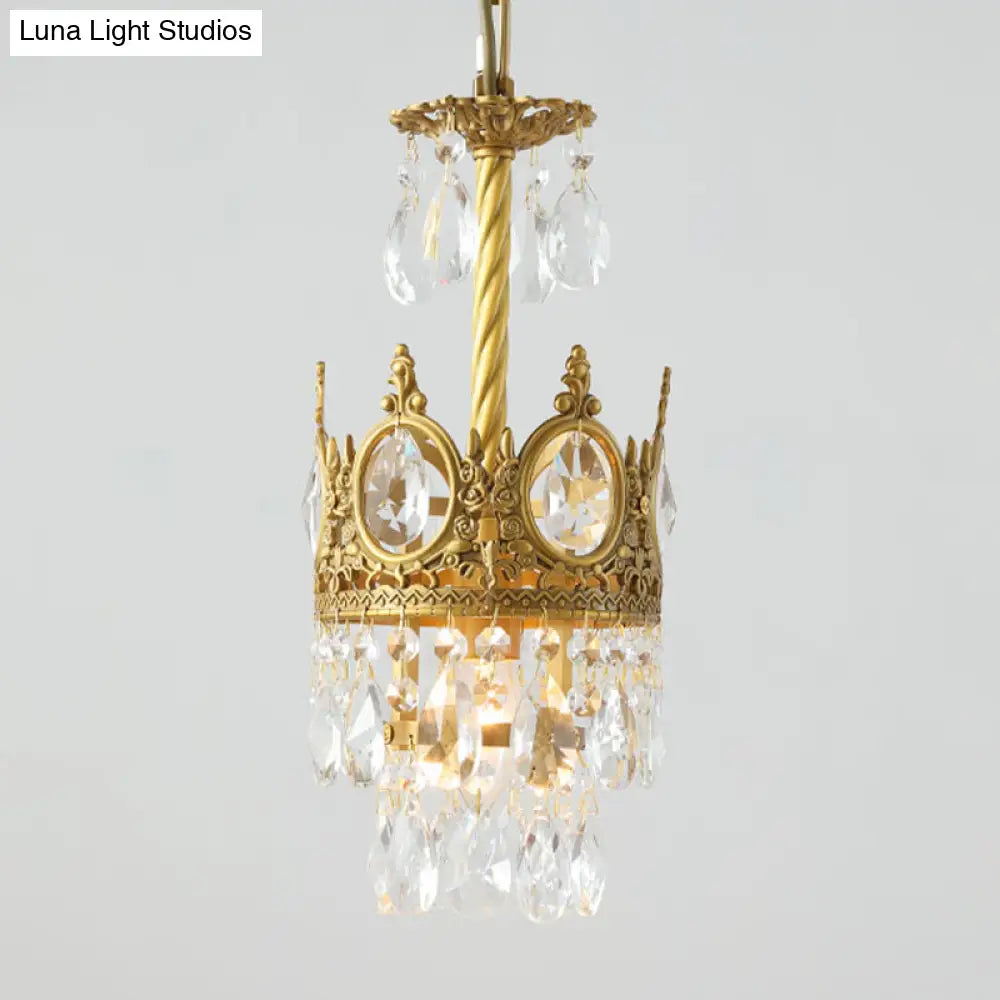 Vintage Gold Crown Crystal Droplet Pendant Light With Faceted Bulb - Living Room Ceiling Hanging