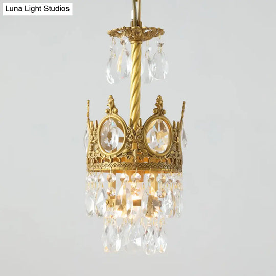 Vintage Gold Crown Crystal Droplet Pendant Light With Faceted Bulb - Living Room Ceiling Hanging