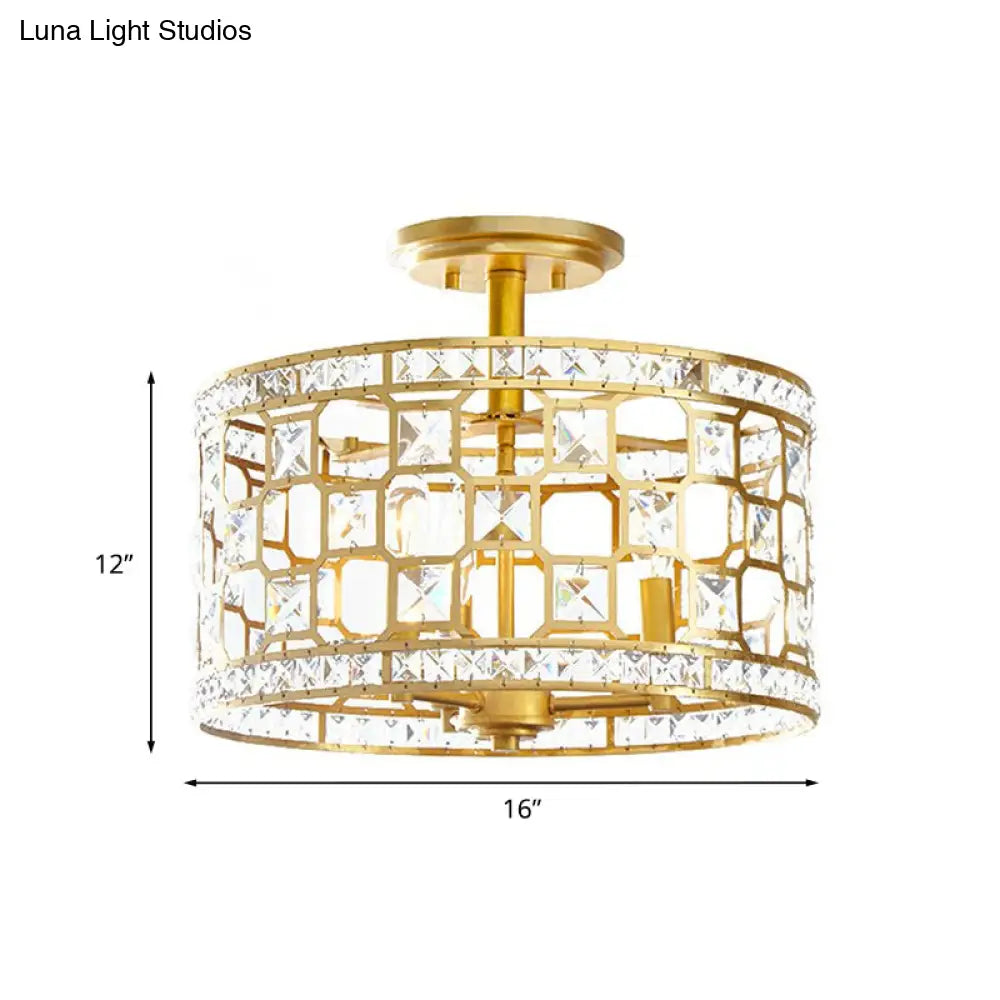Vintage Gold Crystal Semi Flush Ceiling Light - Hollowed Drum Design 3/4 Heads Embedded Fixtures