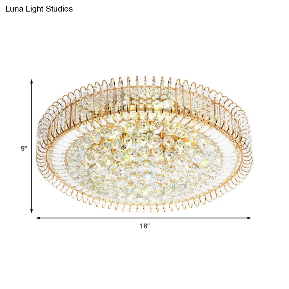 Vintage Gold Flush Ceiling Light With Clear Crystal Ball And Metallic Finish - 12’/18’ Diameter