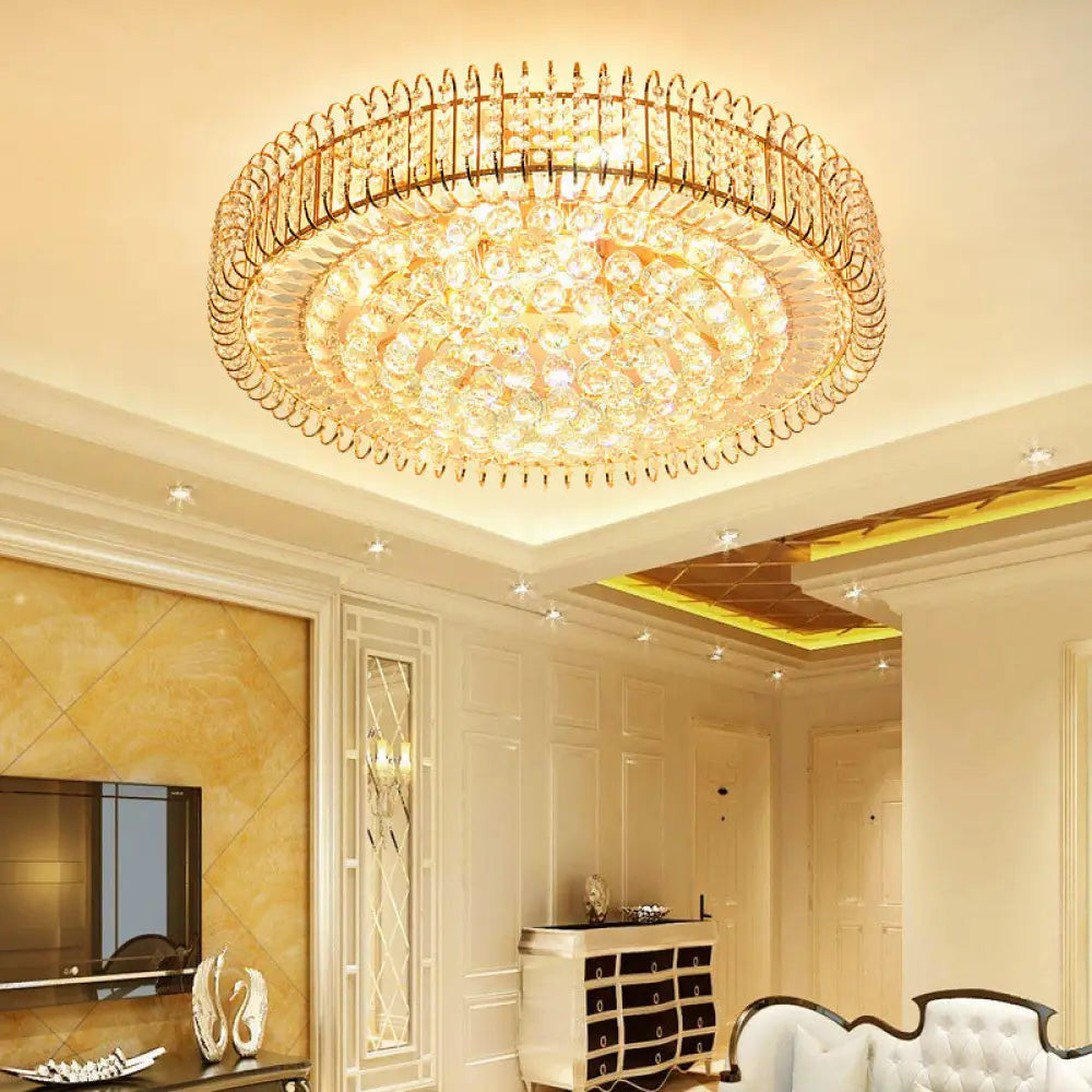 Vintage Gold Flush Ceiling Light With Clear Crystal Ball And Metallic Finish - 12’/18’ Diameter