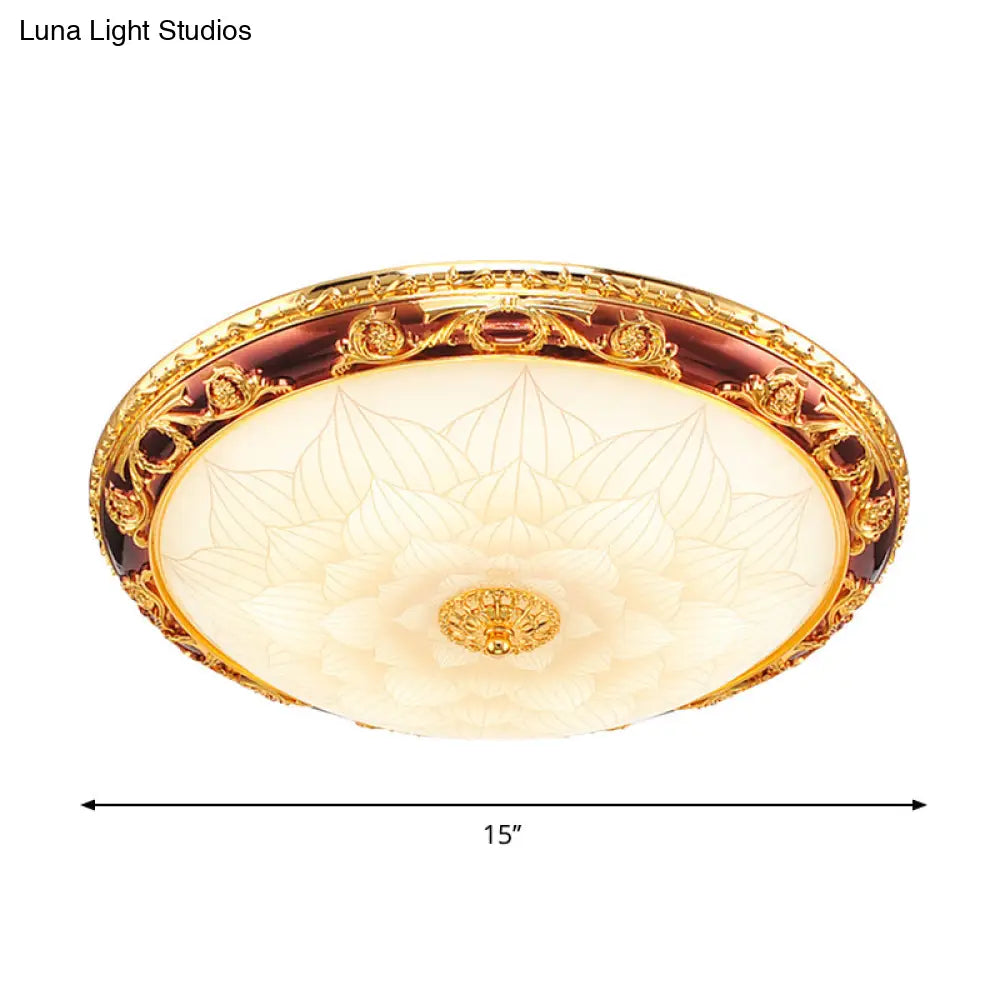 Vintage Gold Led Flush Ceiling Light With Blossom Frosted Glass Bowl - 12.5’/15’/19’ Width