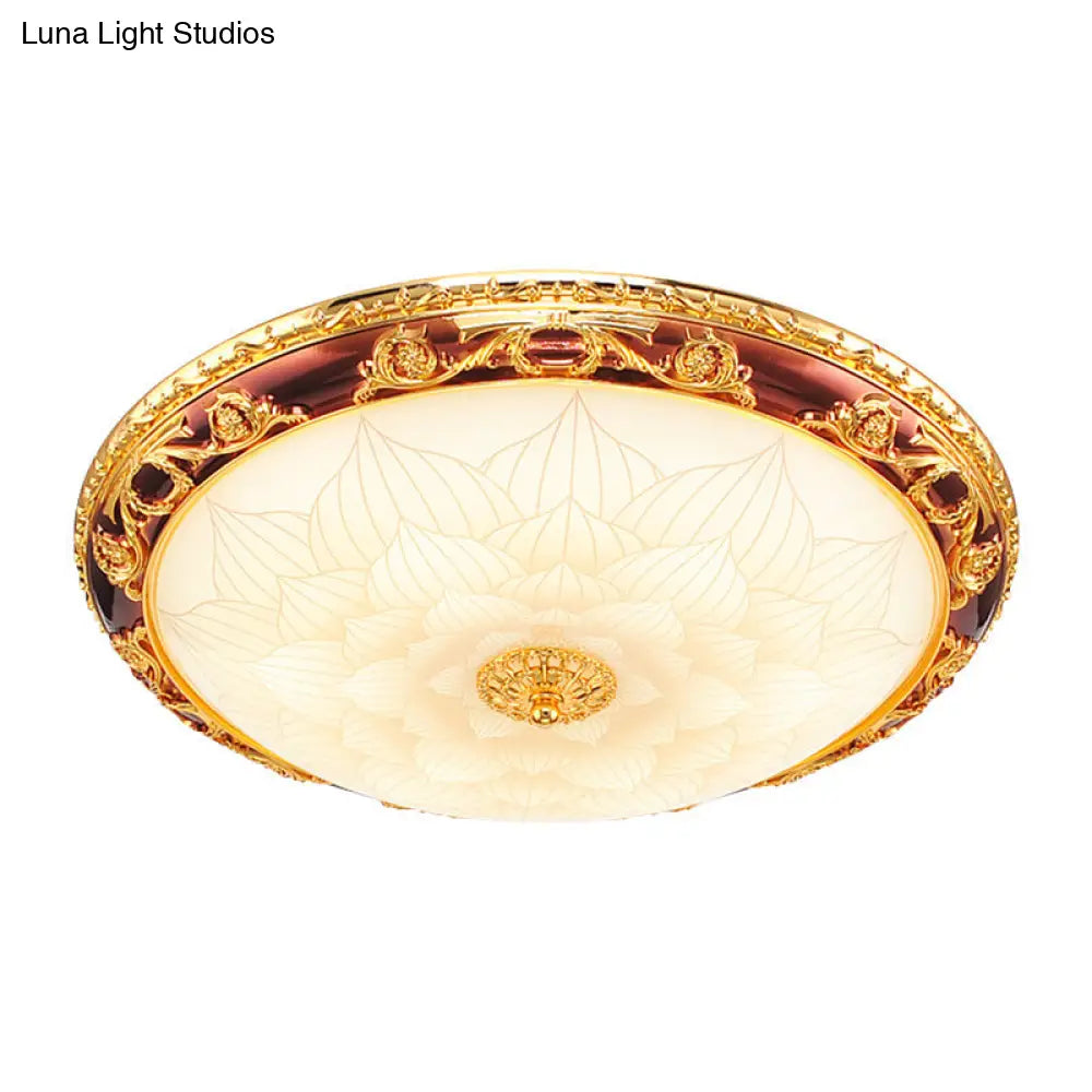 Vintage Gold Led Flush Ceiling Light With Blossom Frosted Glass Bowl - 12.5/15/19 Width